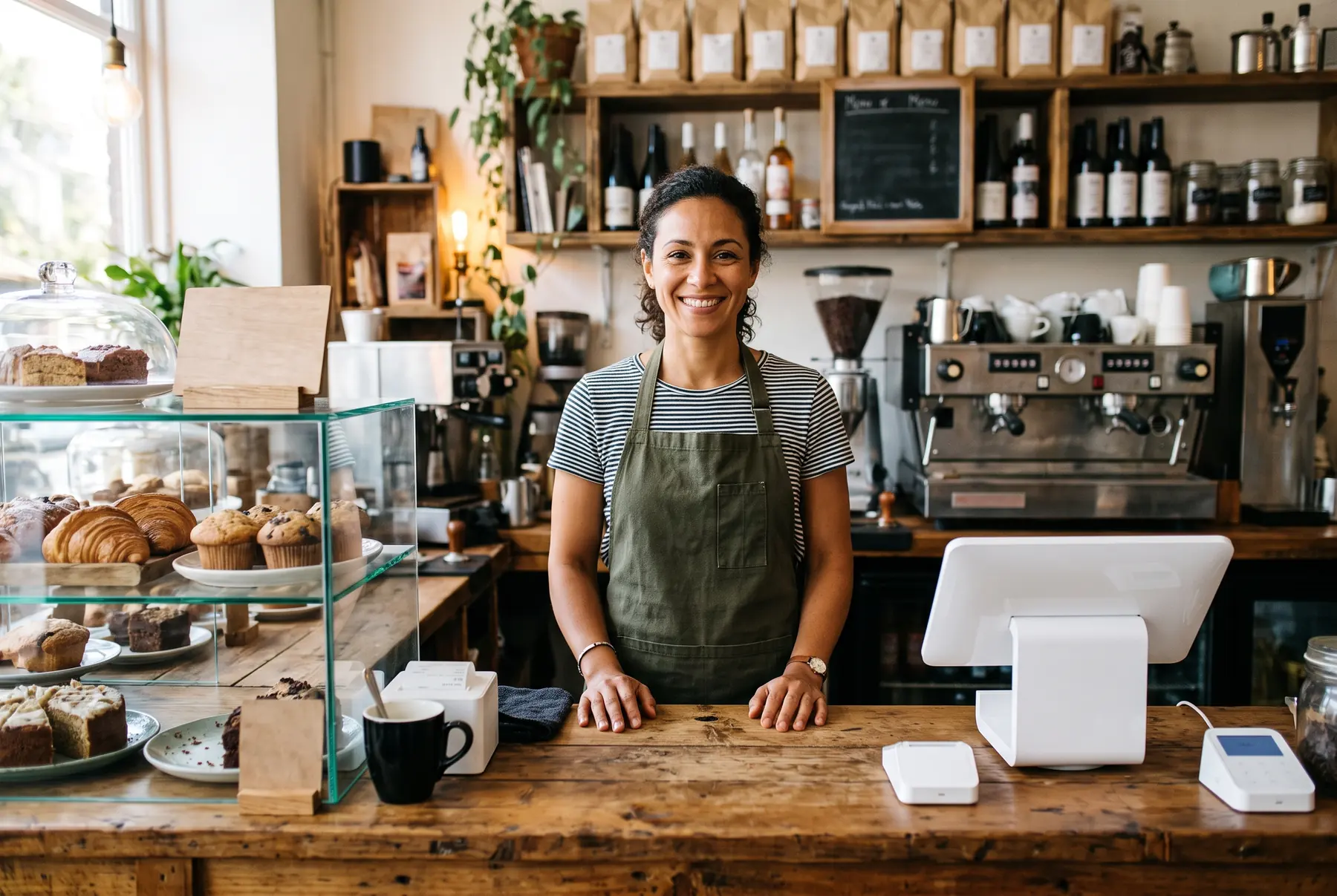 Cafe owner managing orders at the counter on a tablet