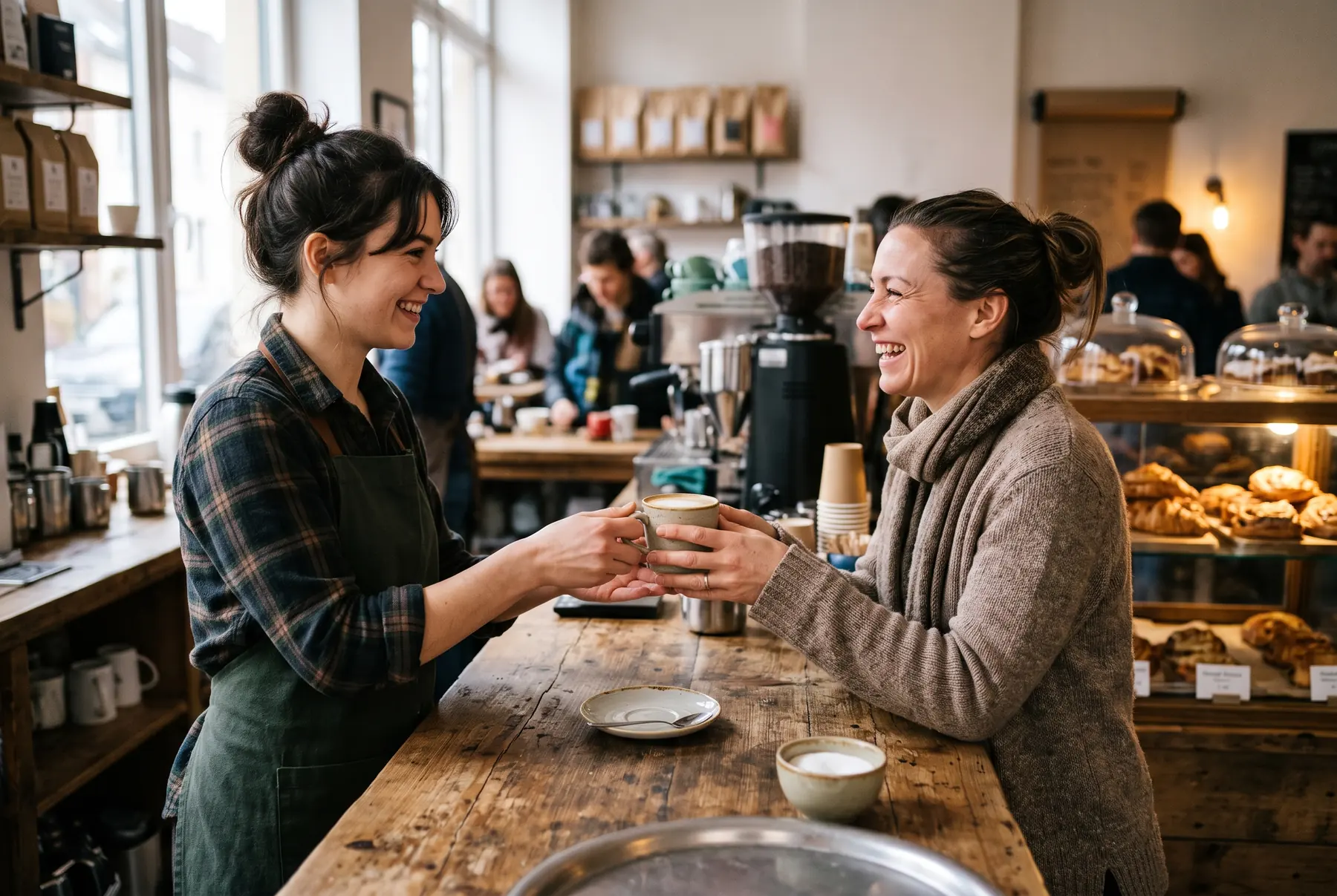 Barista handing a coffee to a regular customer