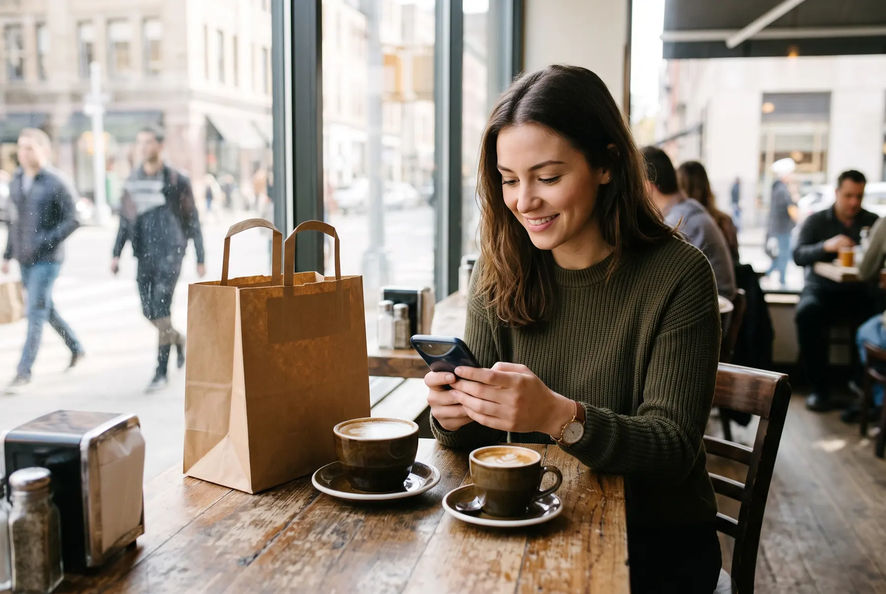 Customer ordering food from a phone at a cafe table