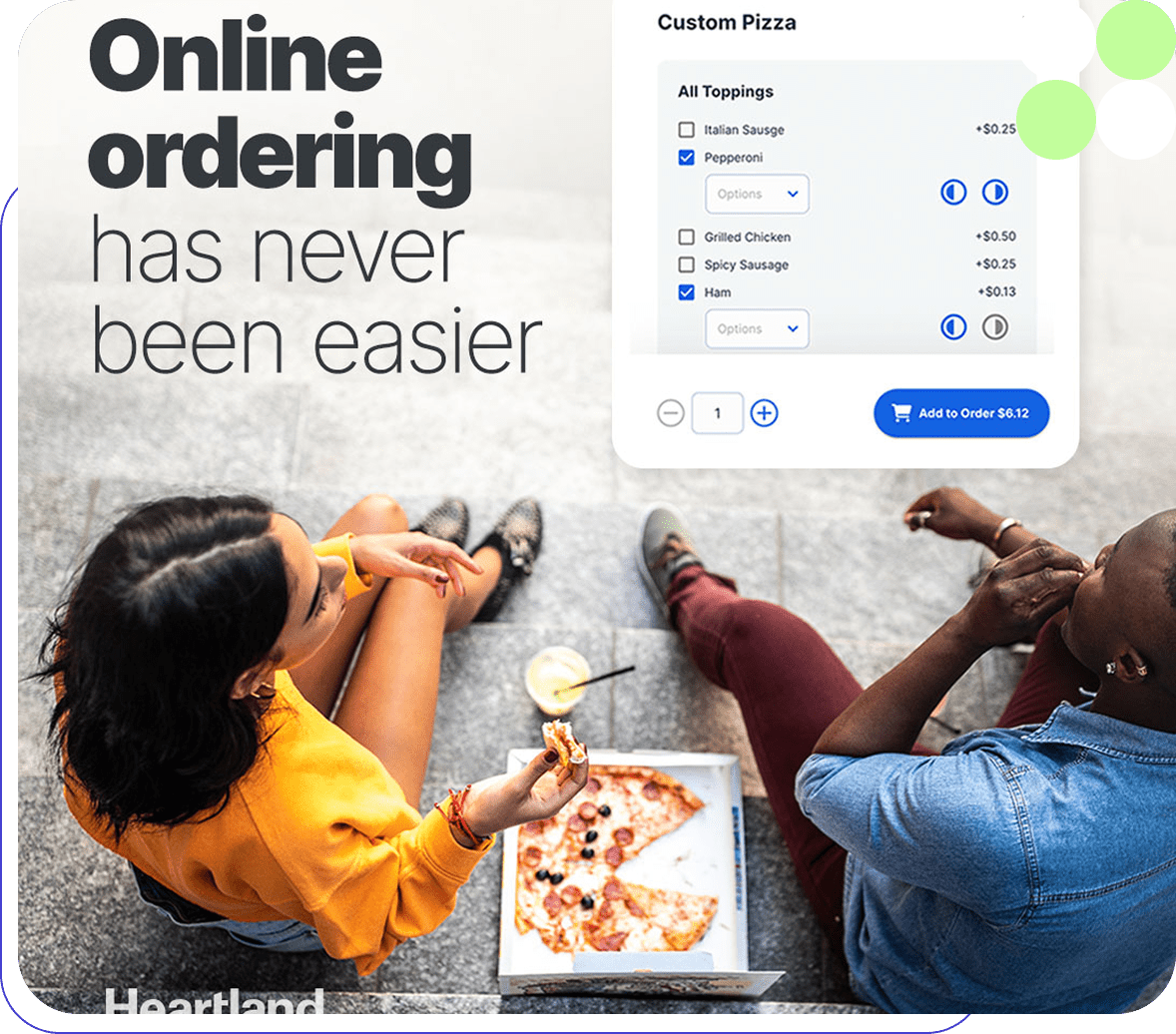 Couple enjoying pizza with online ordering app.